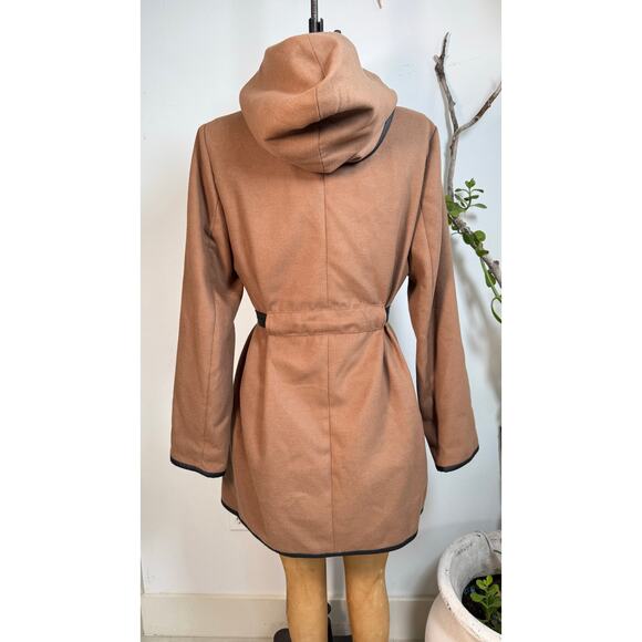 Camel Wrap Coat Black leather Trim | Minimalist Winter Jacket - Picture 4 of 6